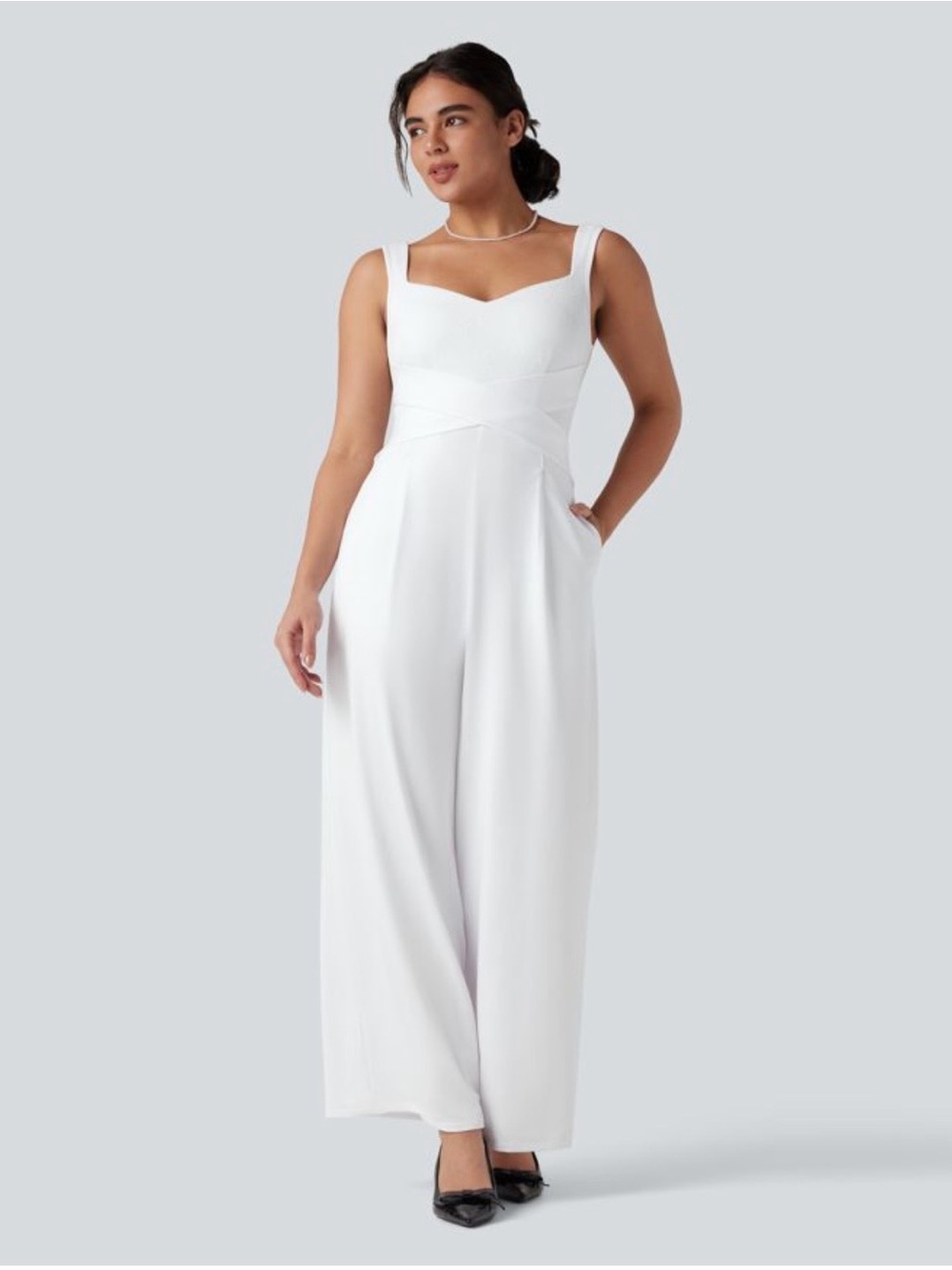HALARA White Sweetheart Neckline Wide-Leg Jumpsuit